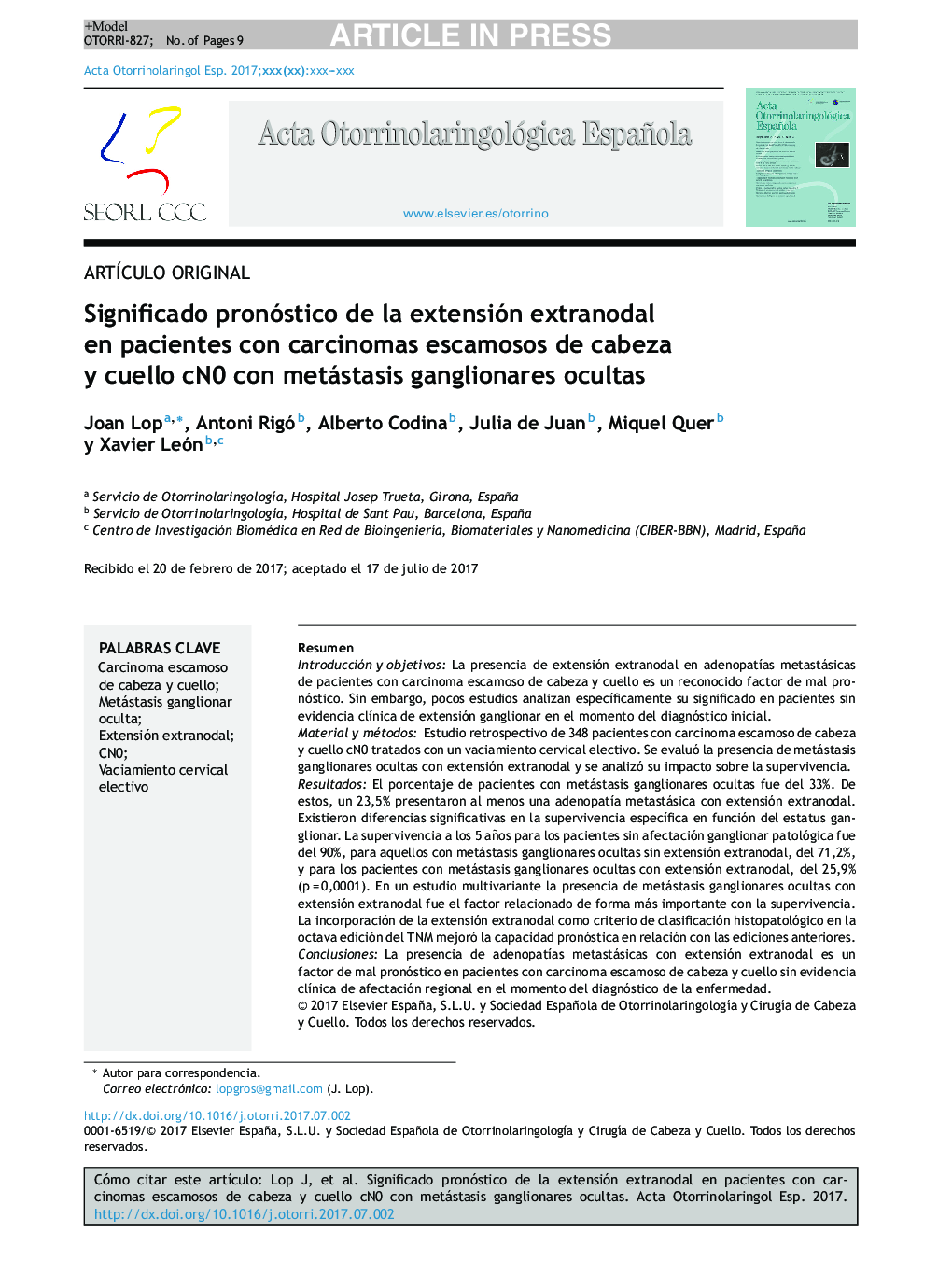 Significado pronóstico de la extensión extranodal en pacientes con carcinomas escamosos de cabeza y cuello cN0 con metástasis ganglionares ocultas