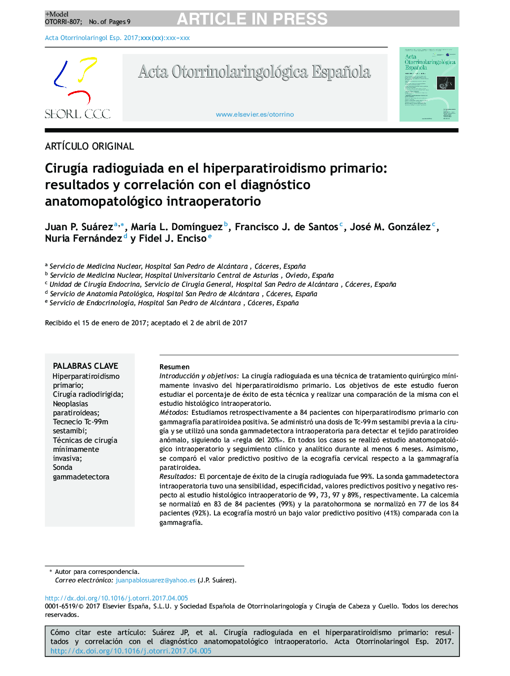 CirugÃ­a radioguiada en el hiperparatiroidismo primario: resultados y correlación con el diagnóstico anatomopatológico intraoperatorio