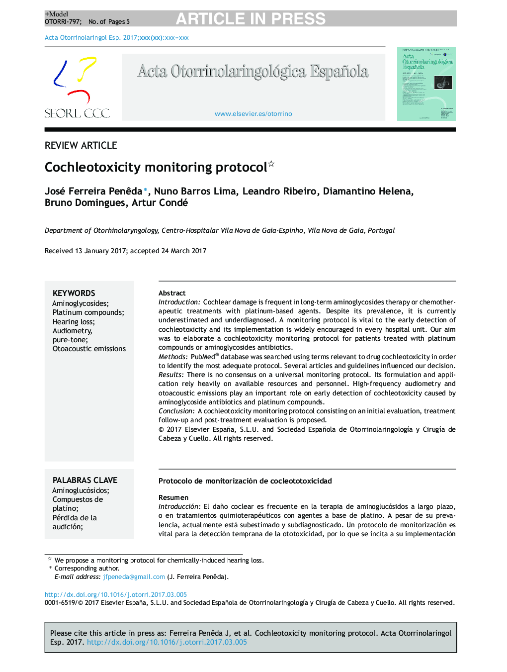 عکس صفحه اول مقاله: Cochleotoxicity monitoring protocol Cochleotoxicity monitoring protocol