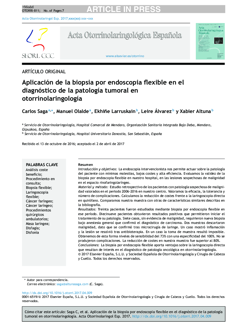 Aplicación de la biopsia por endoscopia flexible en el diagnóstico de la patologÃ­a tumoral en otorrinolaringologÃ­a