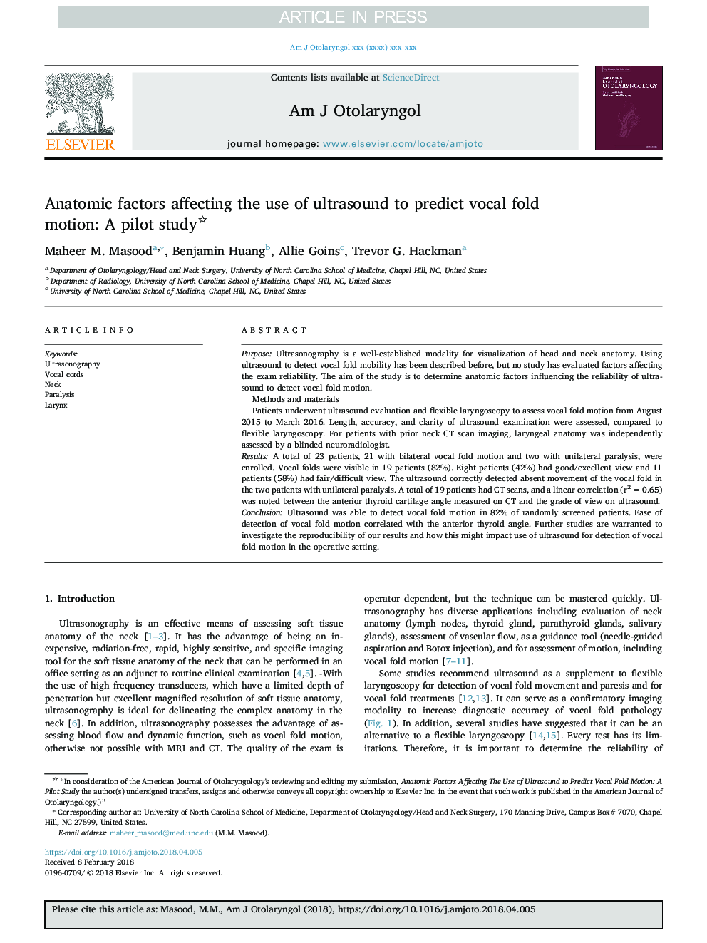 Anatomic factors affecting the use of ultrasound to predict vocal fold motion: A pilot study