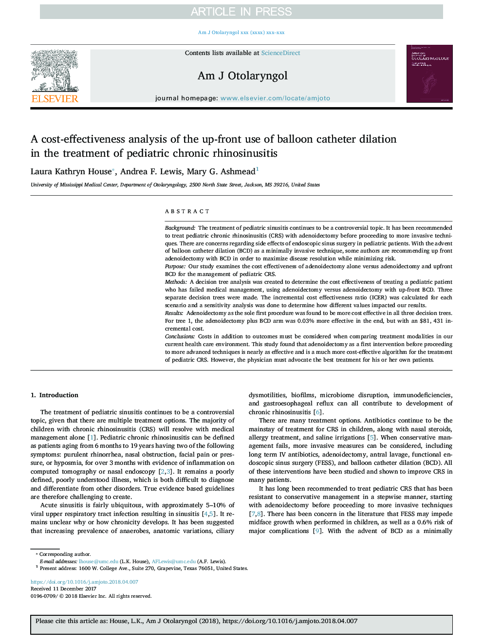 A cost-effectiveness analysis of the up-front use of balloon catheter dilation in the treatment of pediatric chronic rhinosinusitis