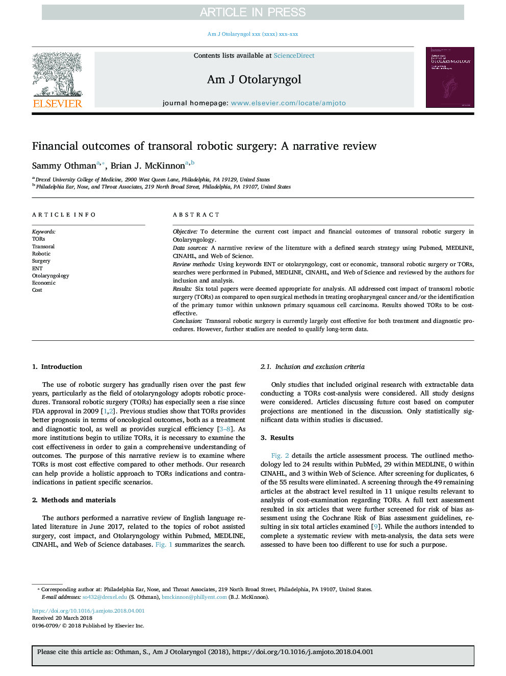 Financial outcomes of transoral robotic surgery: A narrative review