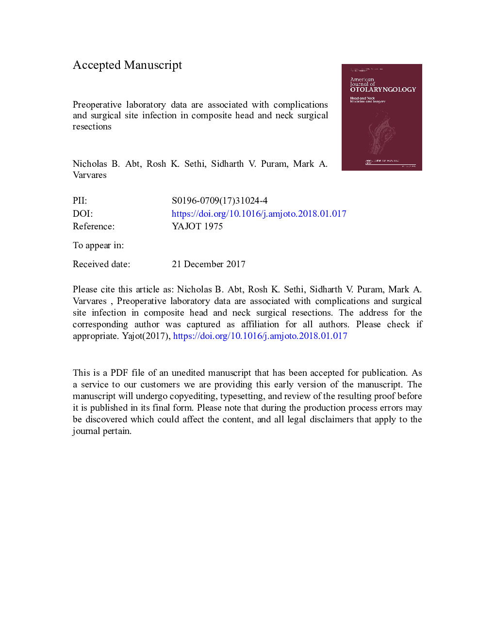 Preoperative laboratory data are associated with complications and surgical site infection in composite head and neck surgical resections