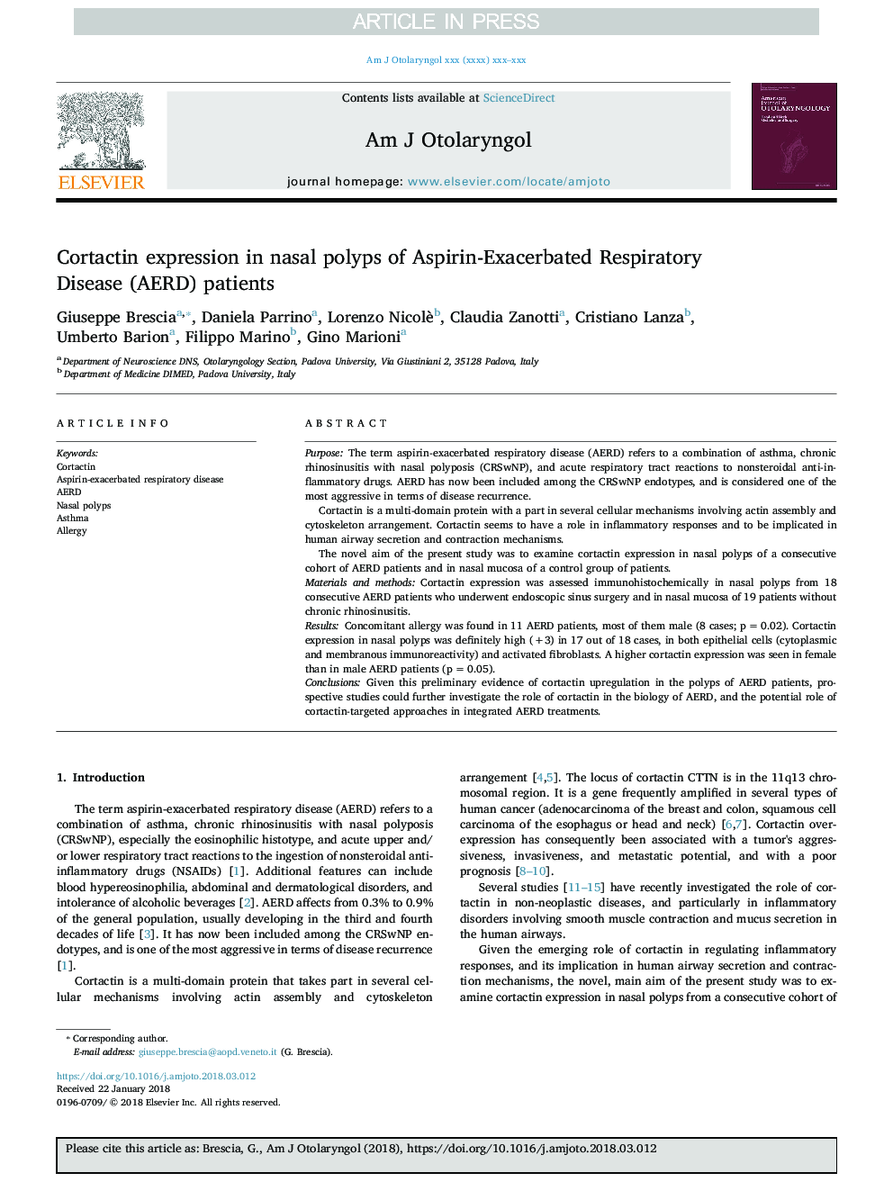 Cortactin expression in nasal polyps of Aspirin-Exacerbated Respiratory Disease (AERD) patients