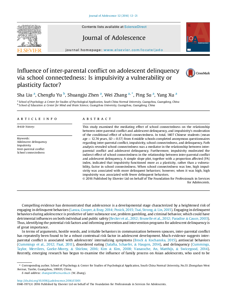 Influence of inter-parental conflict on adolescent delinquency via school connectedness: Is impulsivity a vulnerability or plasticity factor?