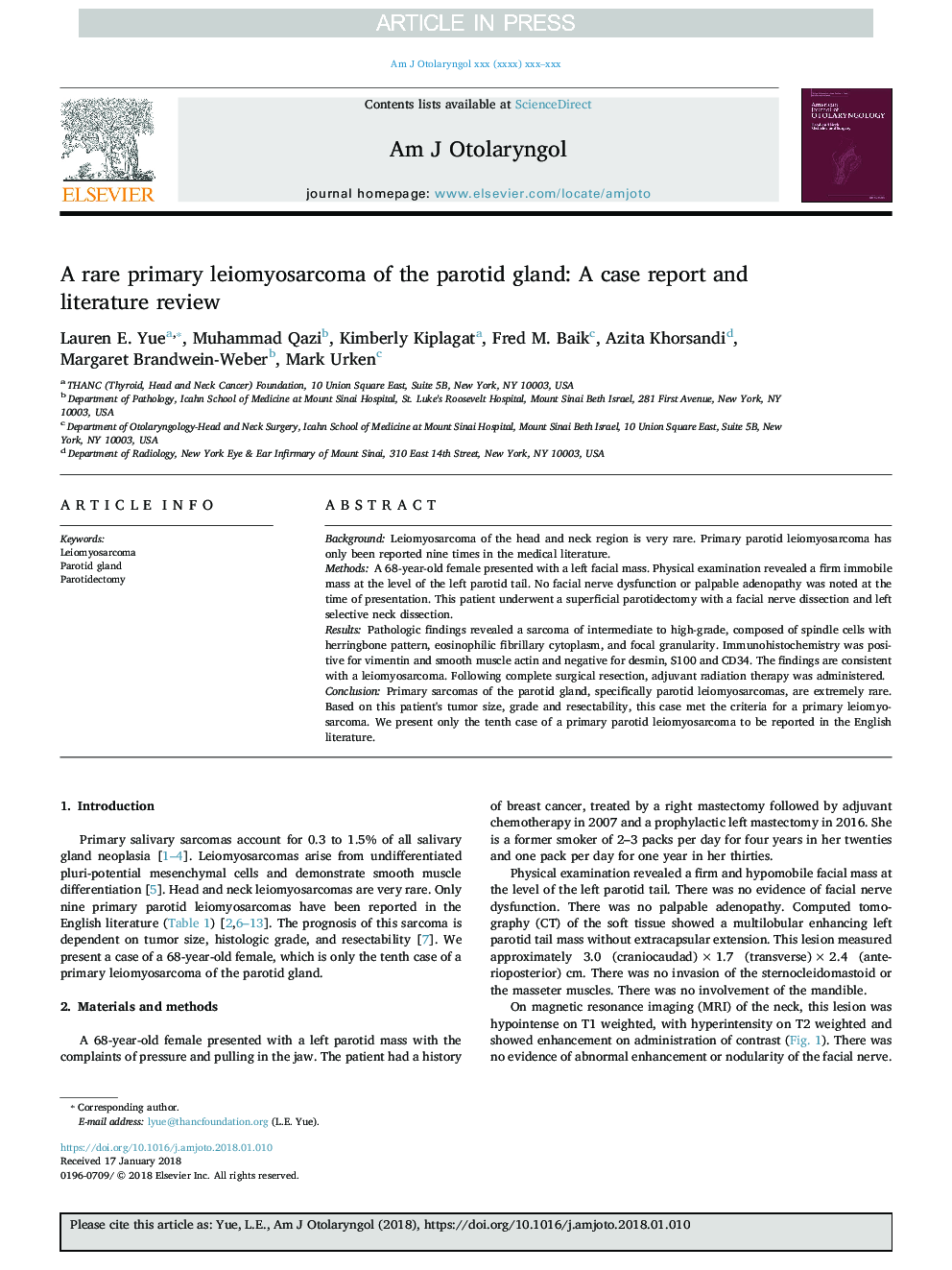 A rare primary leiomyosarcoma of the parotid gland: A case report and literature review