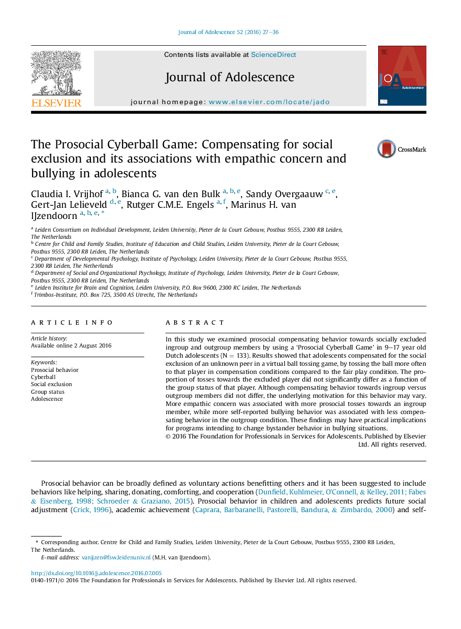 The Prosocial Cyberball Game: Compensating for social exclusion and its associations with empathic concern and bullying in adolescents