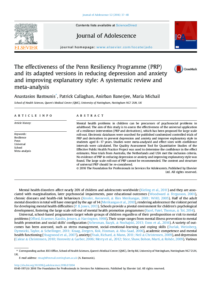 The effectiveness of the Penn Resiliency Programme (PRP) and its adapted versions in reducing depression and anxiety and improving explanatory style: A systematic review and meta-analysis