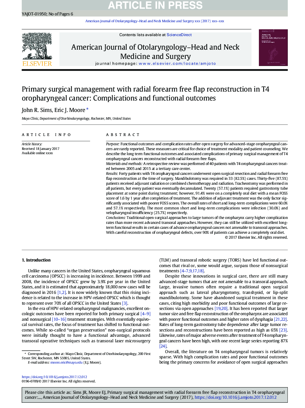 Primary surgical management with radial forearm free flap reconstruction in T4 oropharyngeal cancer: Complications and functional outcomes