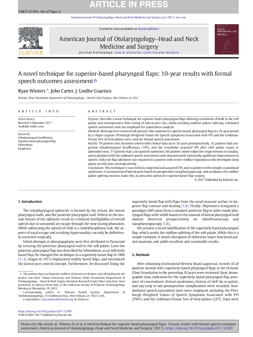 A novel technique for superior-based pharyngeal flaps: 10-year results with formal speech outcomes assessment