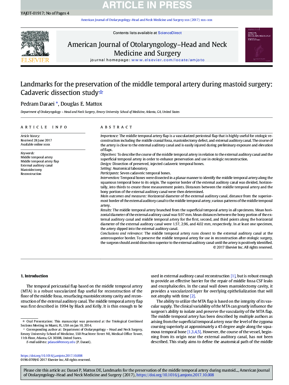 Landmarks for the preservation of the middle temporal artery during mastoid surgery: Cadaveric dissection study