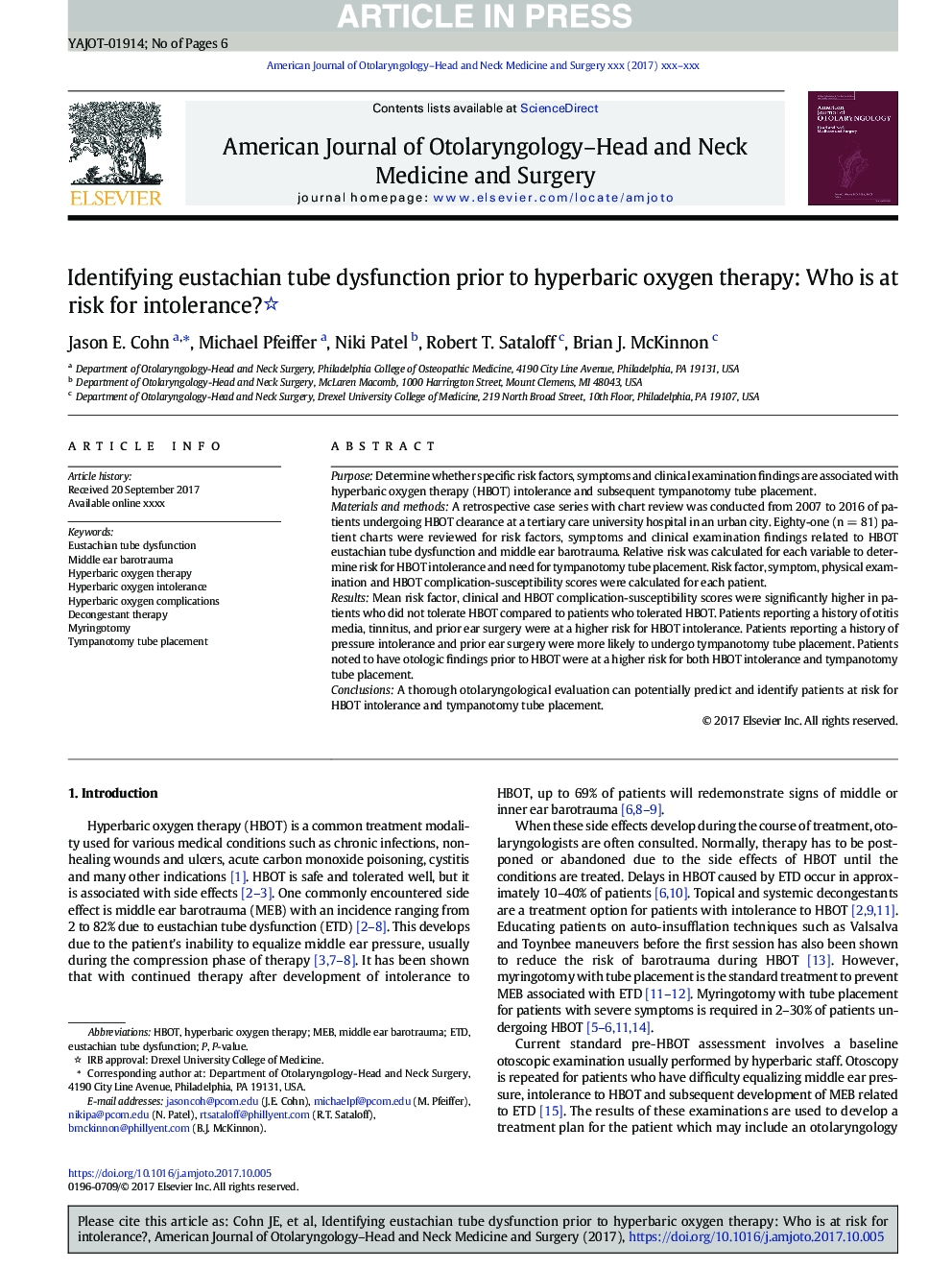 Identifying eustachian tube dysfunction prior to hyperbaric oxygen therapy: Who is at risk for intolerance?