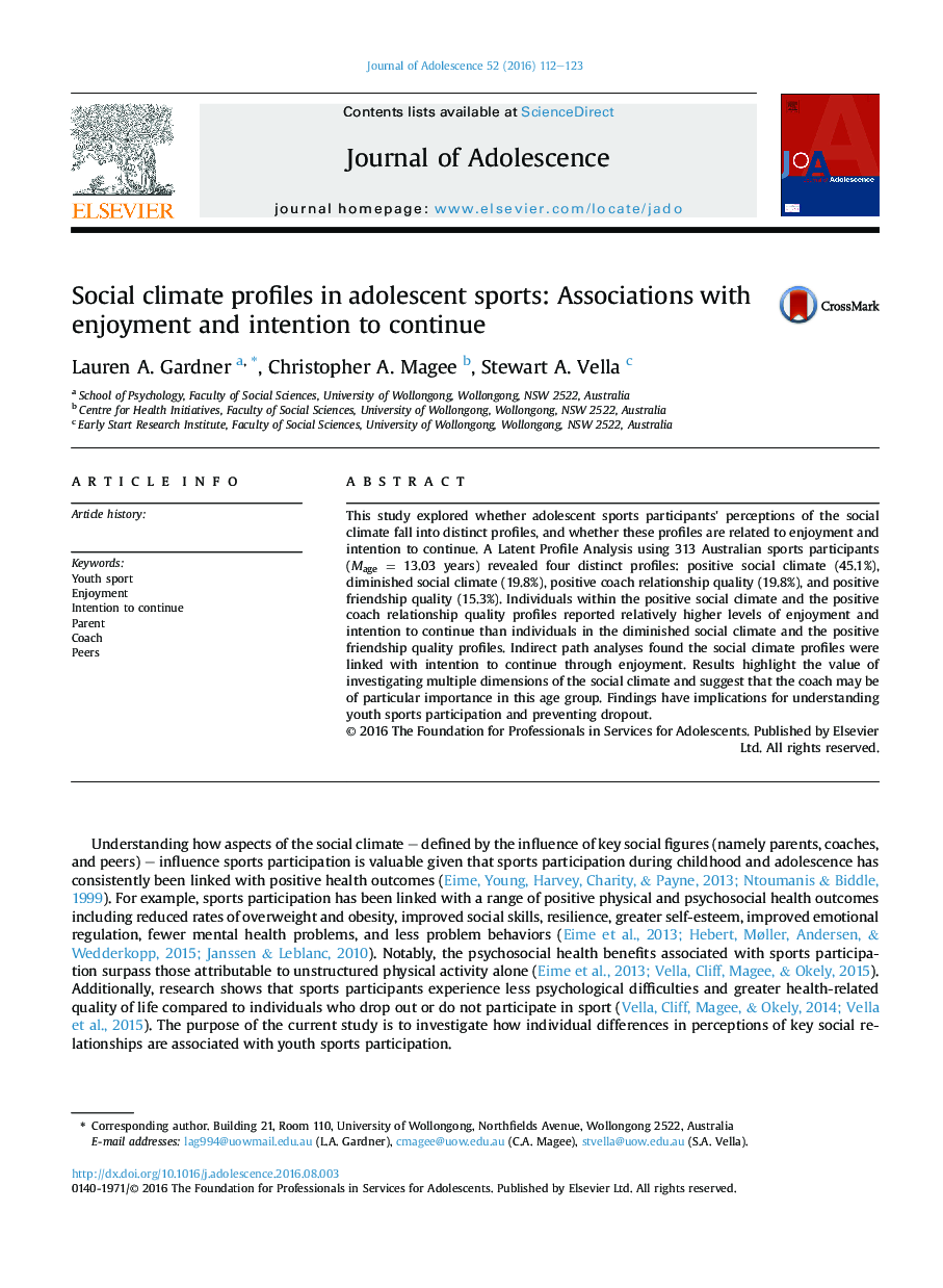 Social climate profiles in adolescent sports: Associations with enjoyment and intention to continue