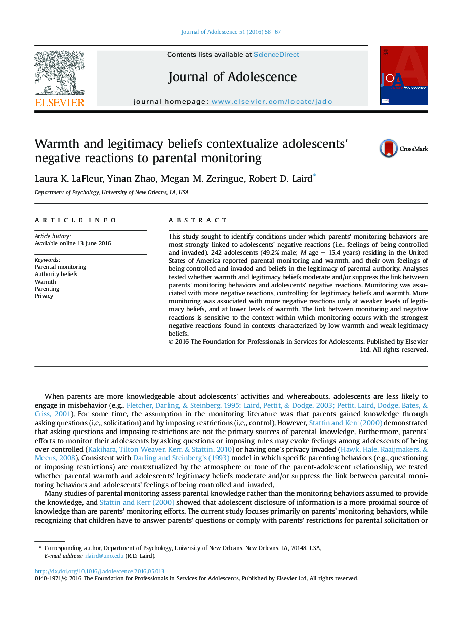 Warmth and legitimacy beliefs contextualize adolescents' negative reactions to parental monitoring