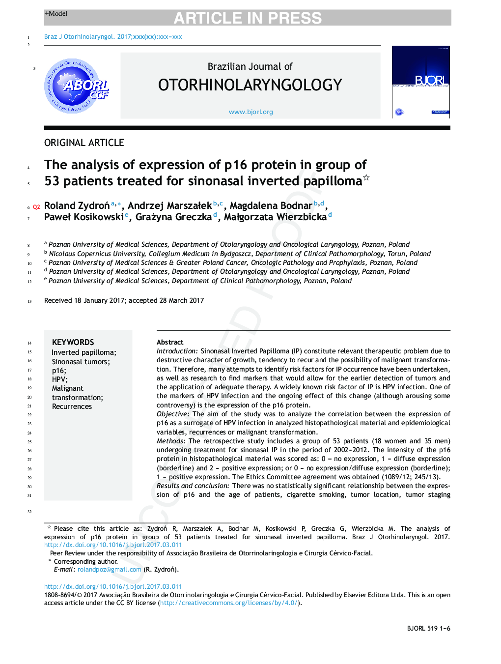 The analysis of expression of p16 protein in group of 53 patients treated for sinonasal inverted papilloma