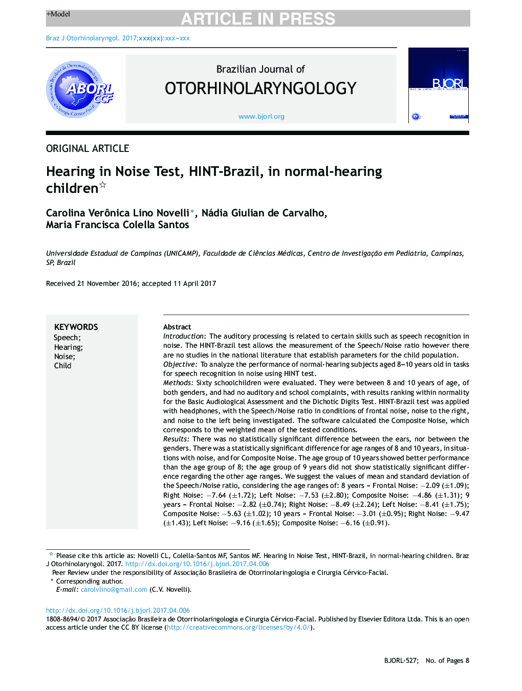 Hearing in Noise Test, HINT-Brazil, in normal-hearing children