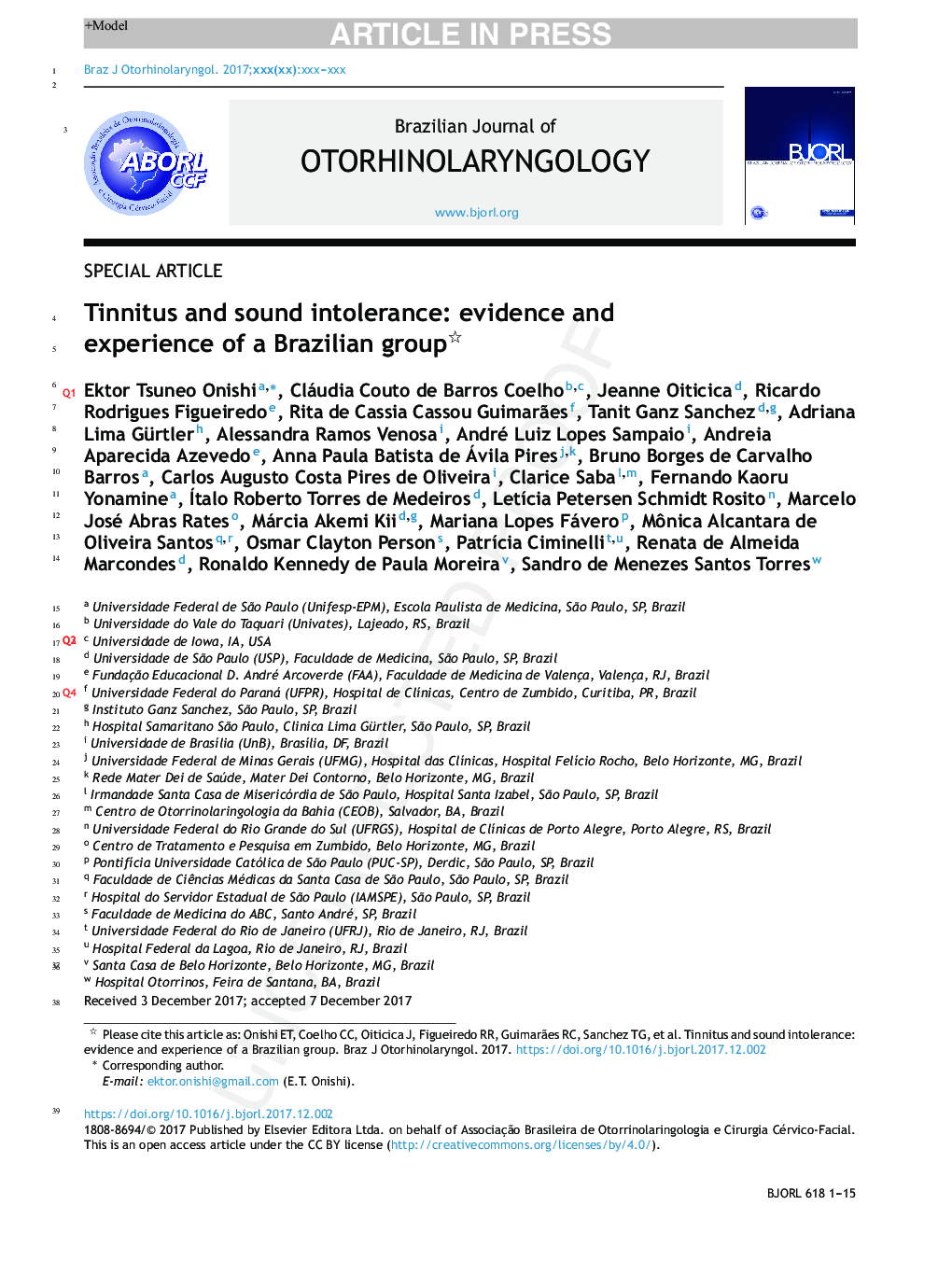 Tinnitus and sound intolerance: evidence and experience of a Brazilian group