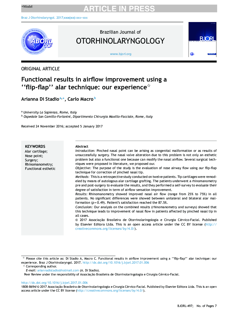 Functional results in airflow improvement using a “flip-flap” alar technique: our experience