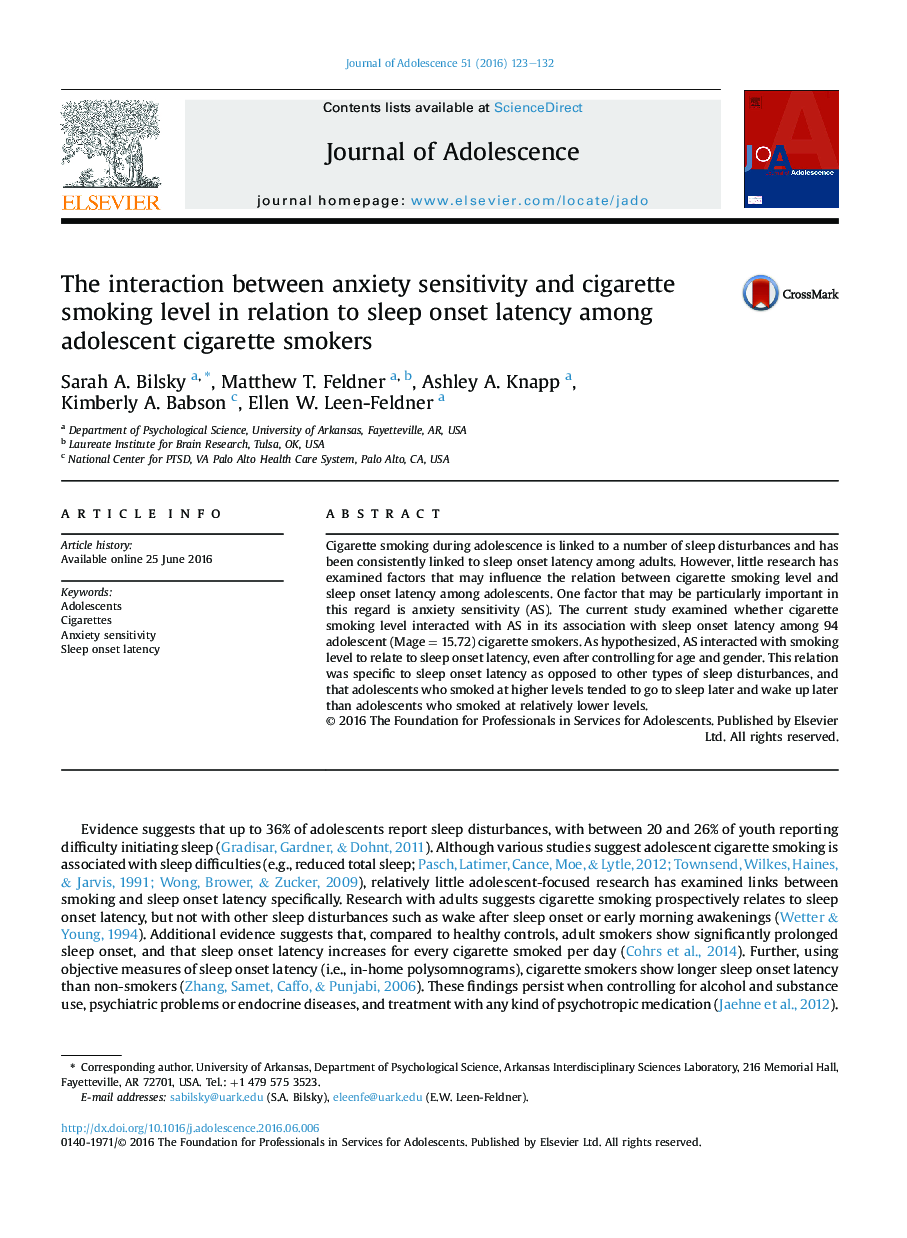 The interaction between anxiety sensitivity and cigarette smoking level in relation to sleep onset latency among adolescent cigarette smokers