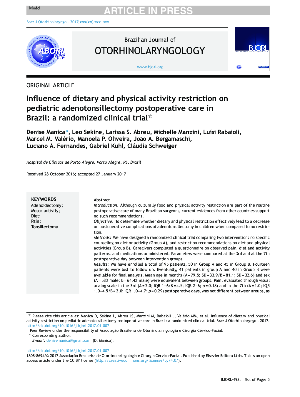 Influence of dietary and physical activity restriction on pediatric adenotonsillectomy postoperative care in Brazil: a randomized clinical trial