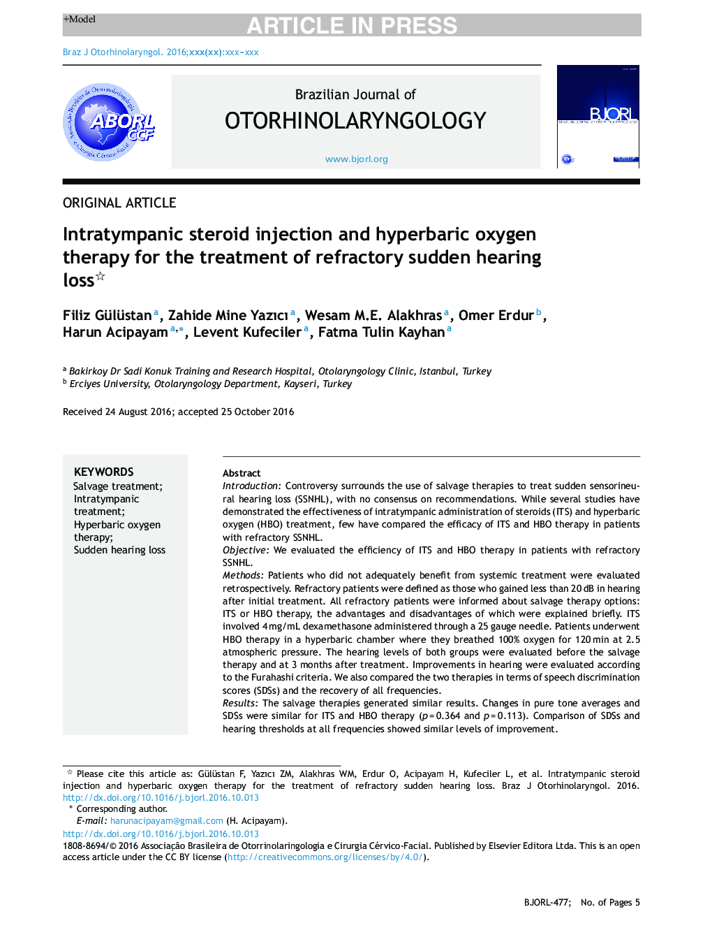 Intratympanic steroid injection and hyperbaric oxygen therapy for the treatment of refractory sudden hearing loss