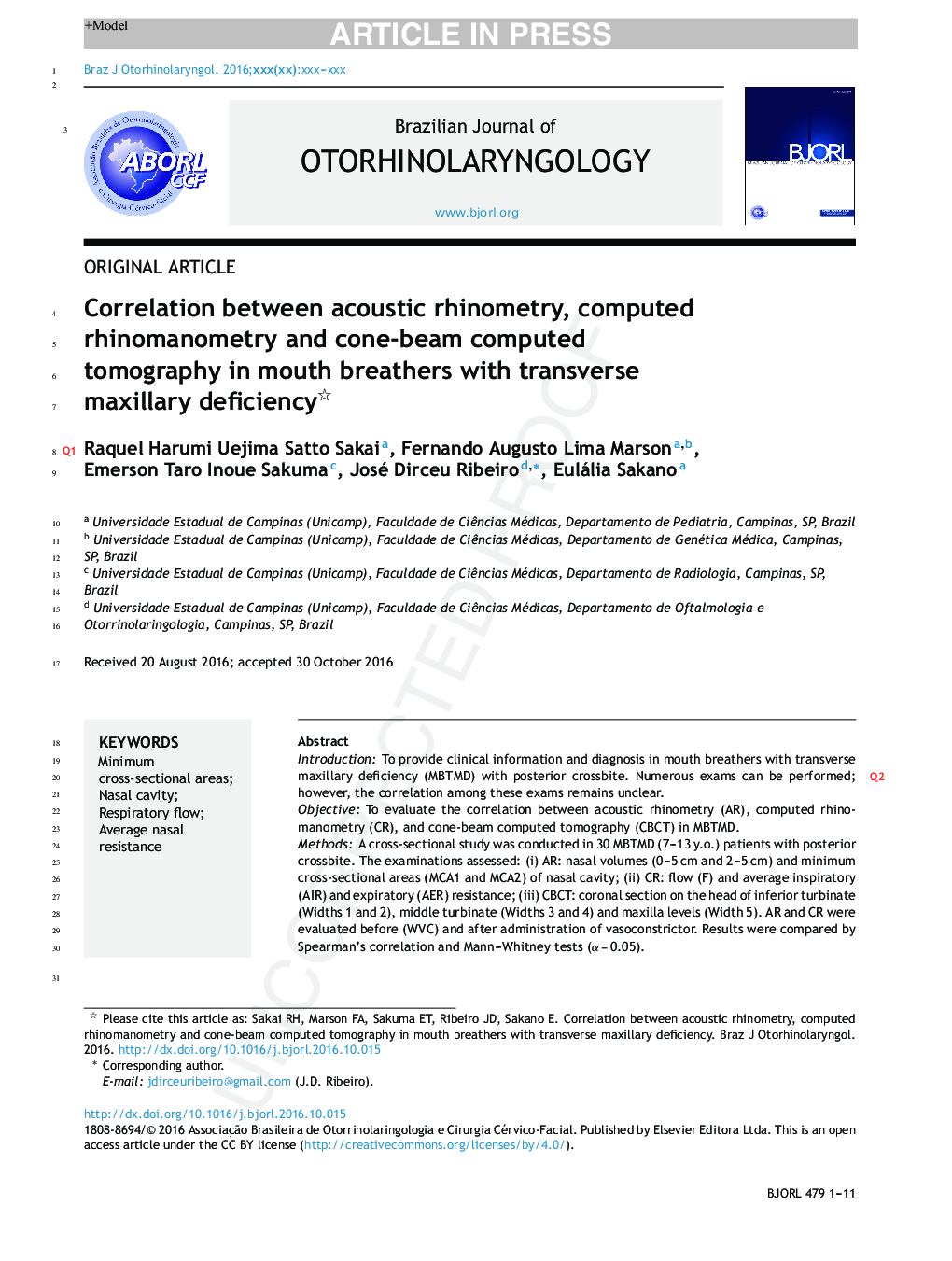 Correlation between acoustic rhinometry, computed rhinomanometry and cone-beam computed tomography in mouth breathers with transverse maxillary deficiency