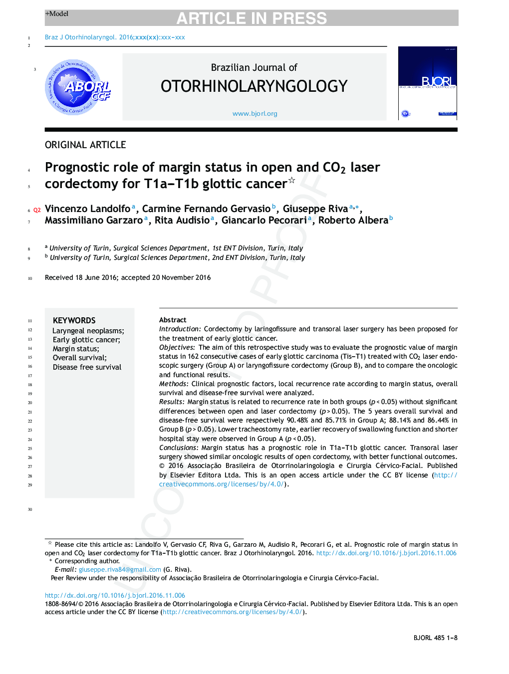 Prognostic role of margin status in open and CO2 laser cordectomy for T1a-T1b glottic cancer