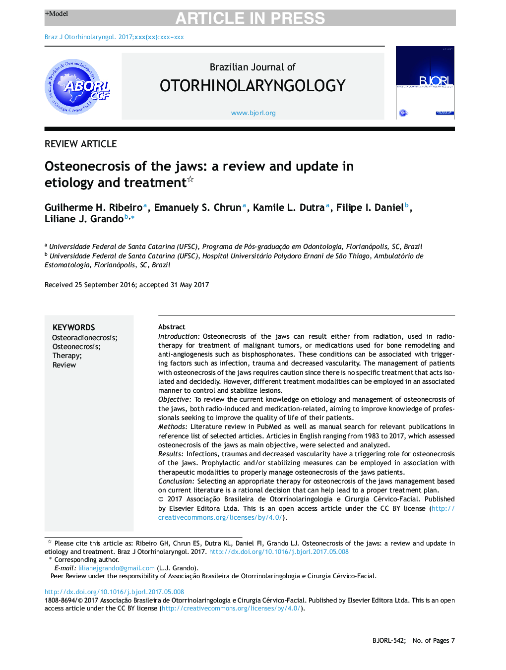 Osteonecrosis of the jaws: a review and update in etiology and treatment