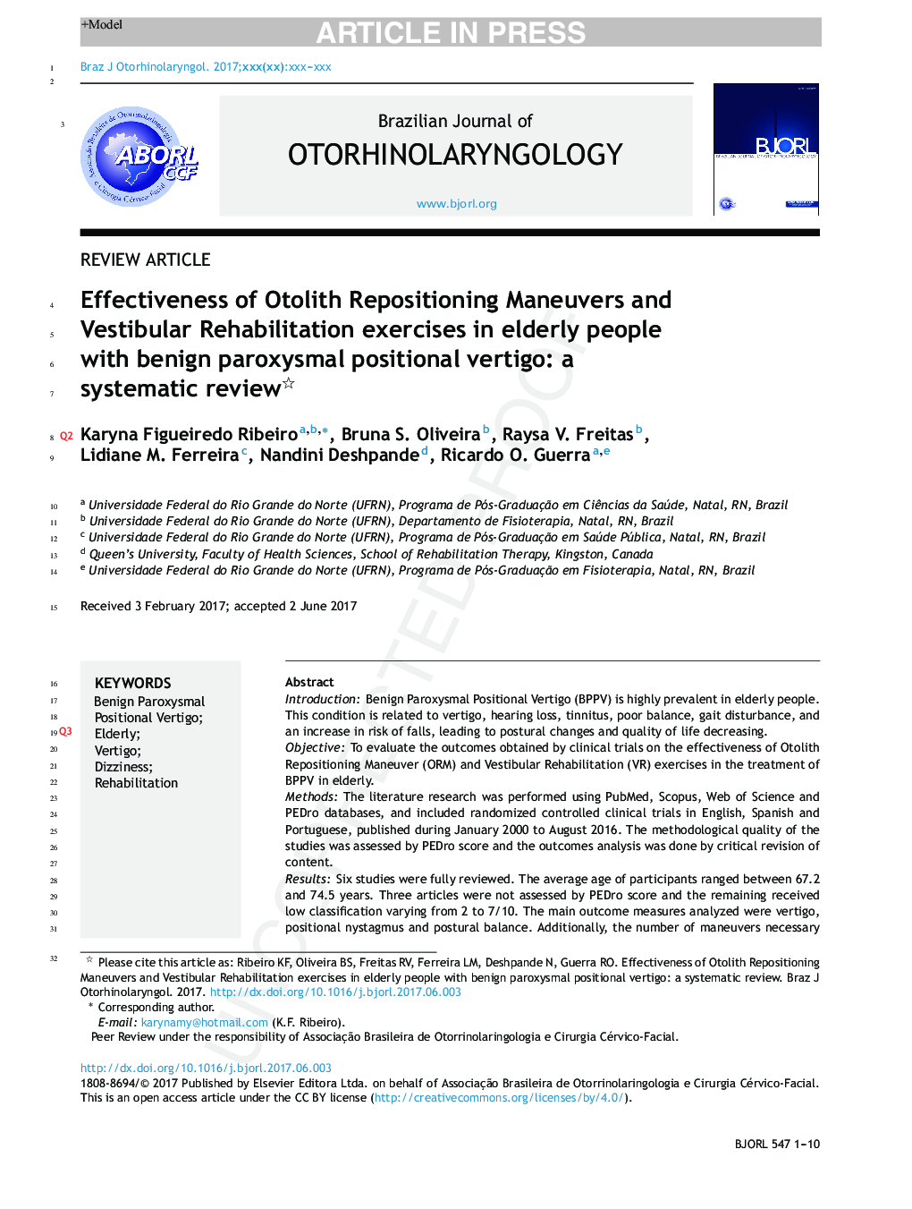 Effectiveness of Otolith Repositioning Maneuvers and Vestibular Rehabilitation exercises in elderly people with Benign Paroxysmal Positional Vertigo: a systematic review