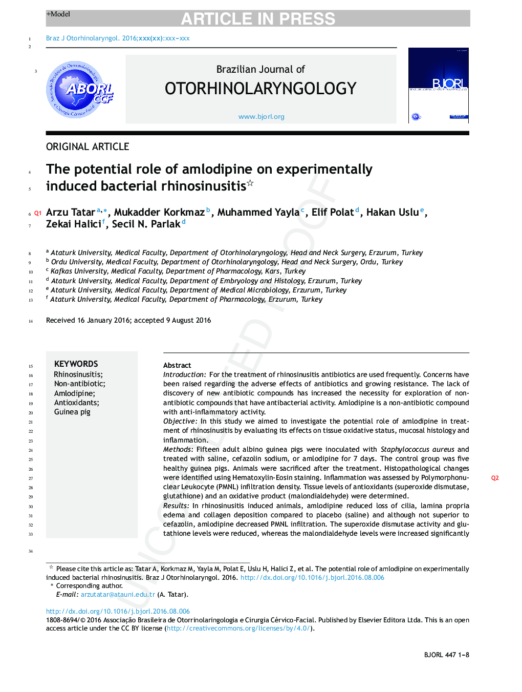 The potential role of amlodipine on experimentally induced bacterial rhinosinusitis