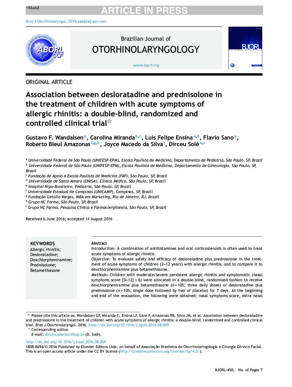 Association between desloratadine and prednisolone in the treatment of children with acute symptoms of allergic rhinitis: a double-blind, randomized and controlled clinical trial