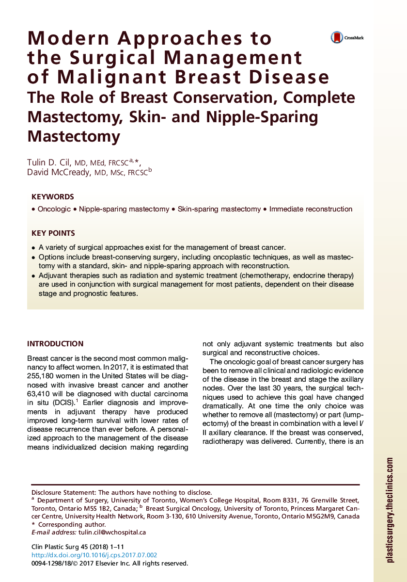 Modern Approaches to the Surgical Management of Malignant Breast Disease