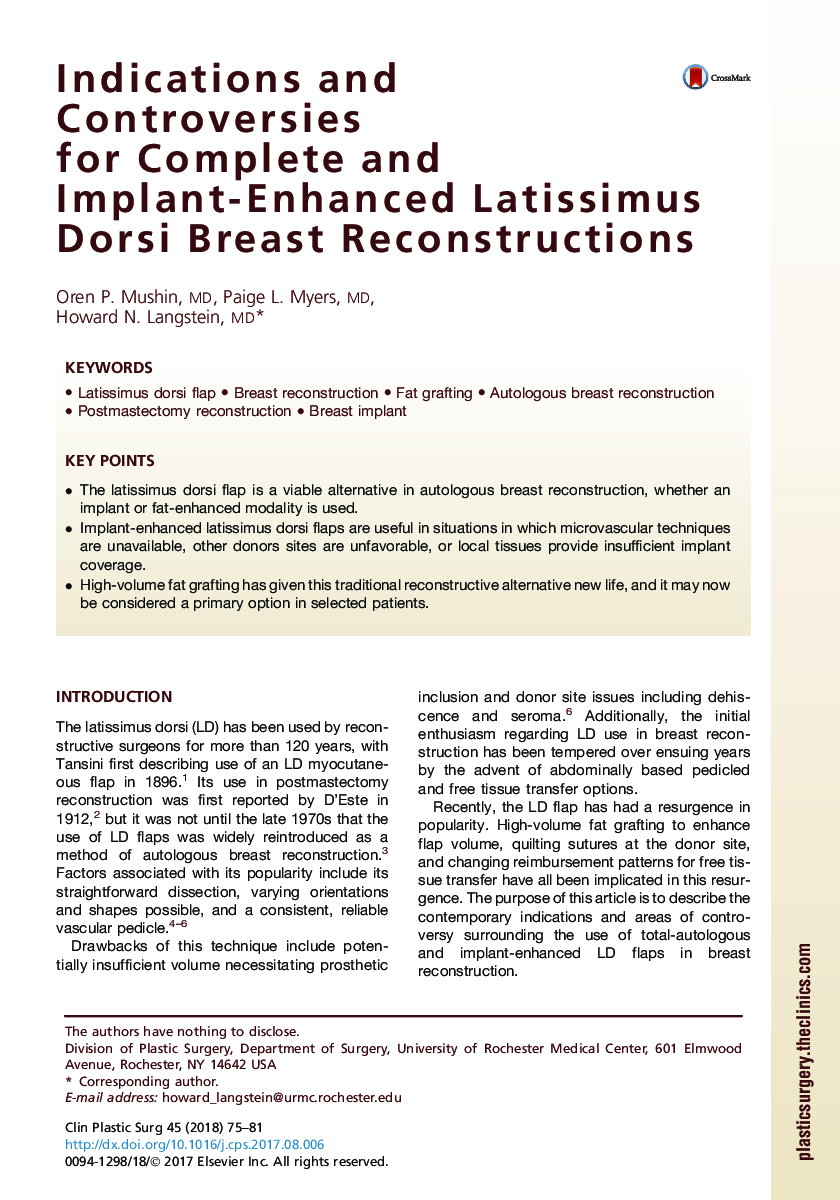 Indications and Controversies forÂ Complete and Implant-Enhanced Latissimus Dorsi Breast Reconstructions