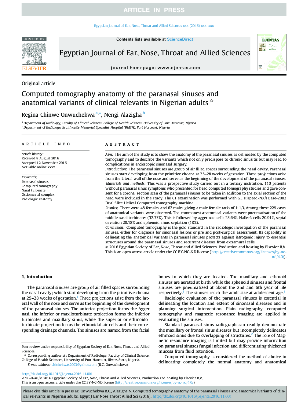 Computed tomography anatomy of the paranasal sinuses and anatomical variants of clinical relevants in Nigerian adults