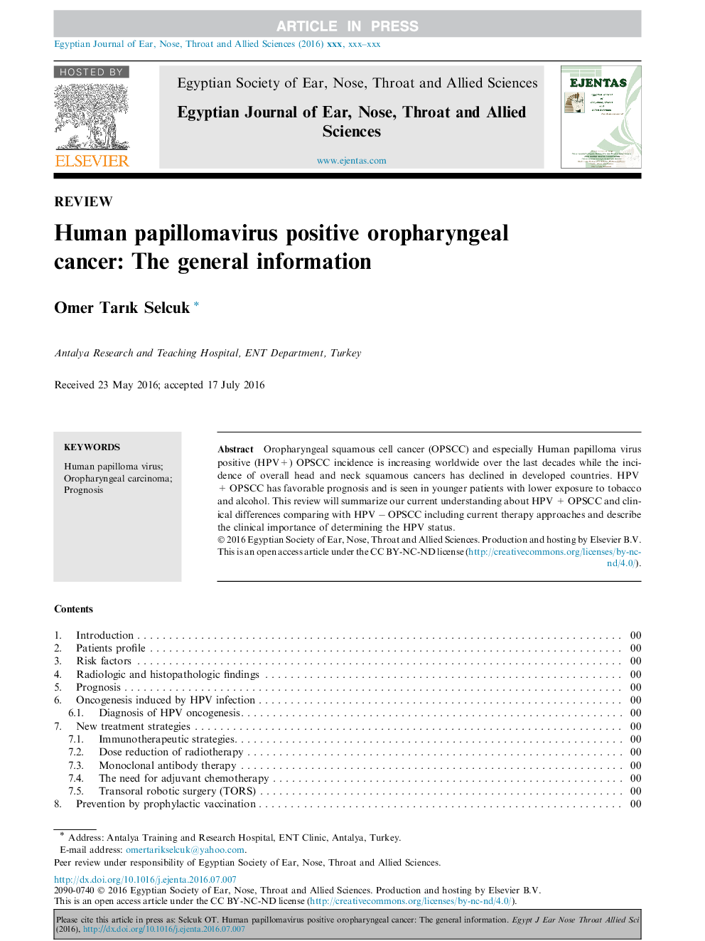 Human papillomavirus positive oropharyngeal cancer: The general information