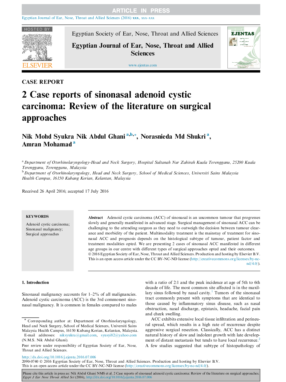 2 Case reports of sinonasal adenoid cystic carcinoma: Review of the literature on surgical approaches