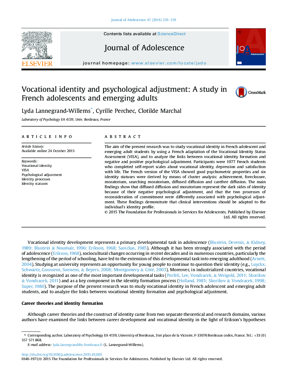 Vocational identity and psychological adjustment: A study in French adolescents and emerging adults