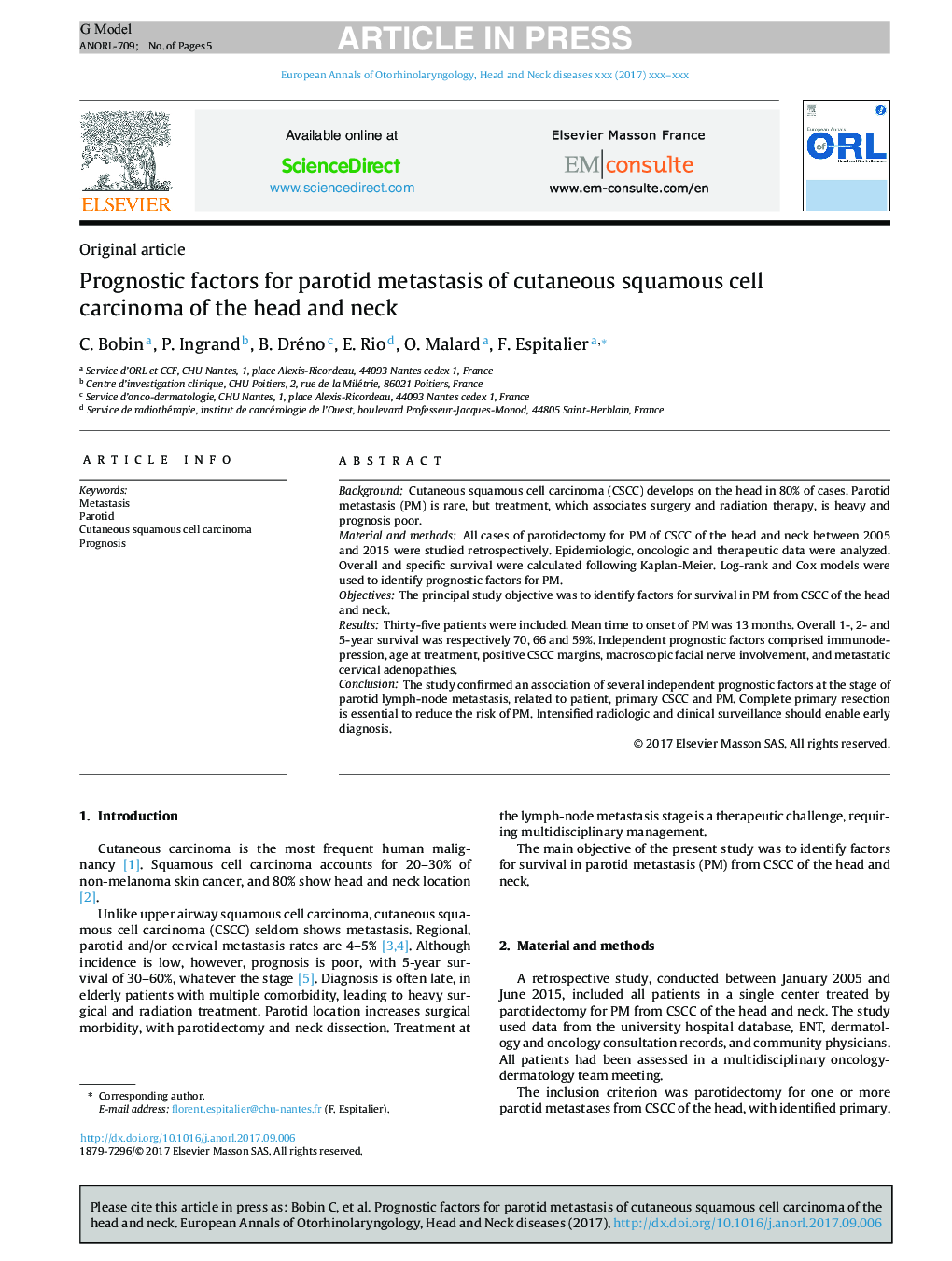 Prognostic factors for parotid metastasis of cutaneous squamous cell carcinoma of the head and neck