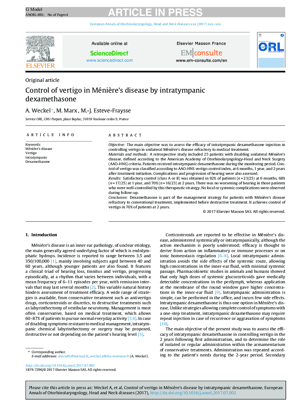 Control of vertigo in MéniÃ¨re's disease by intratympanic dexamethasone