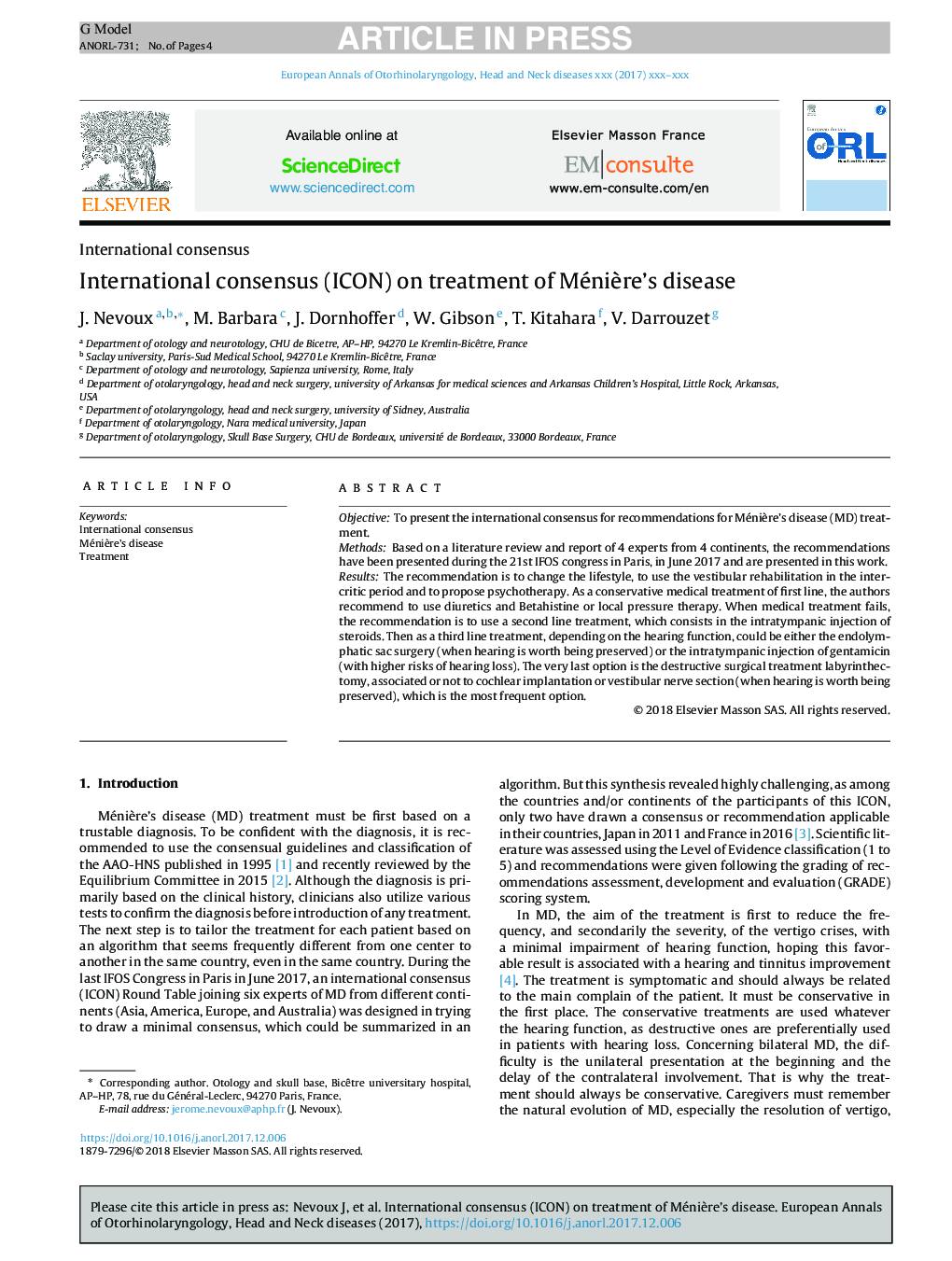 International consensus (ICON) on treatment of MéniÃ¨re's disease