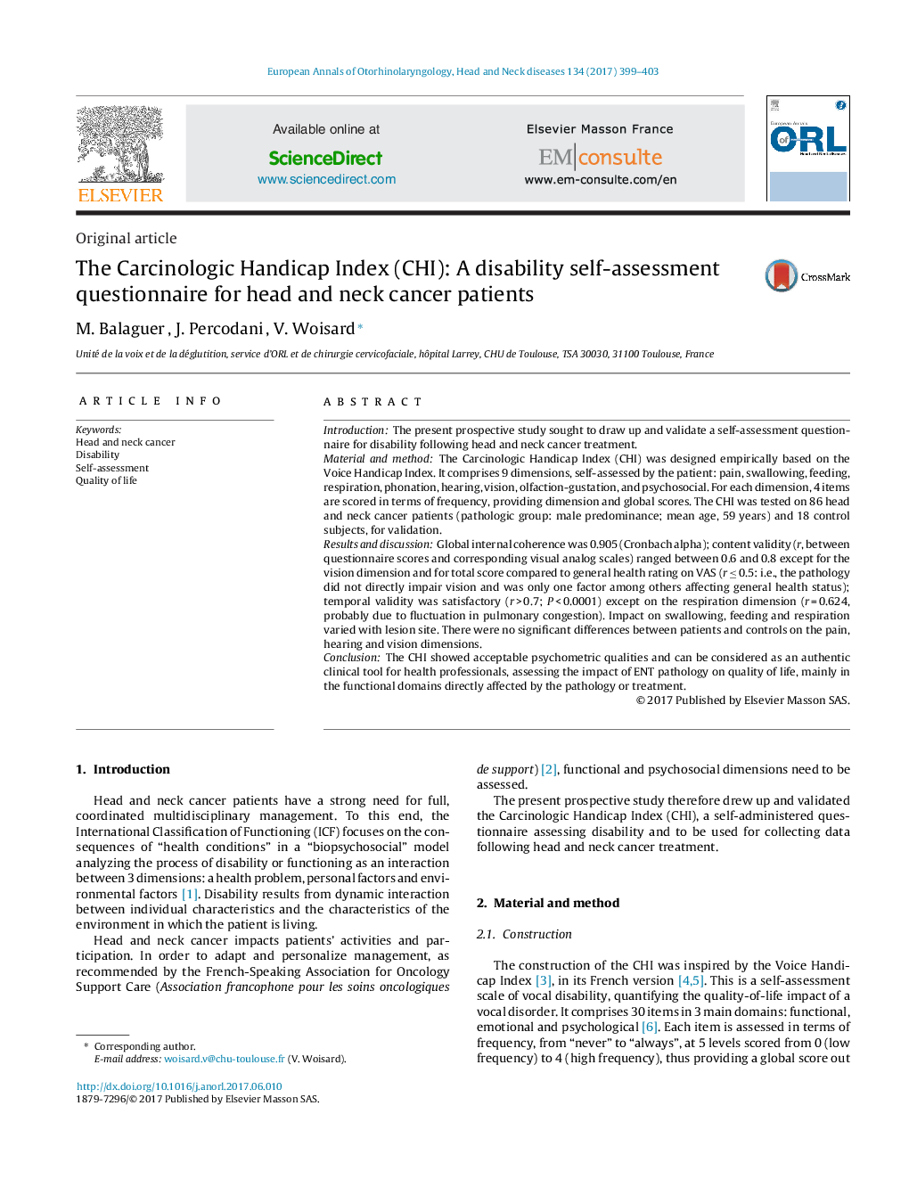 The Carcinologic Handicap Index (CHI): A disability self-assessment questionnaire for head and neck cancer patients