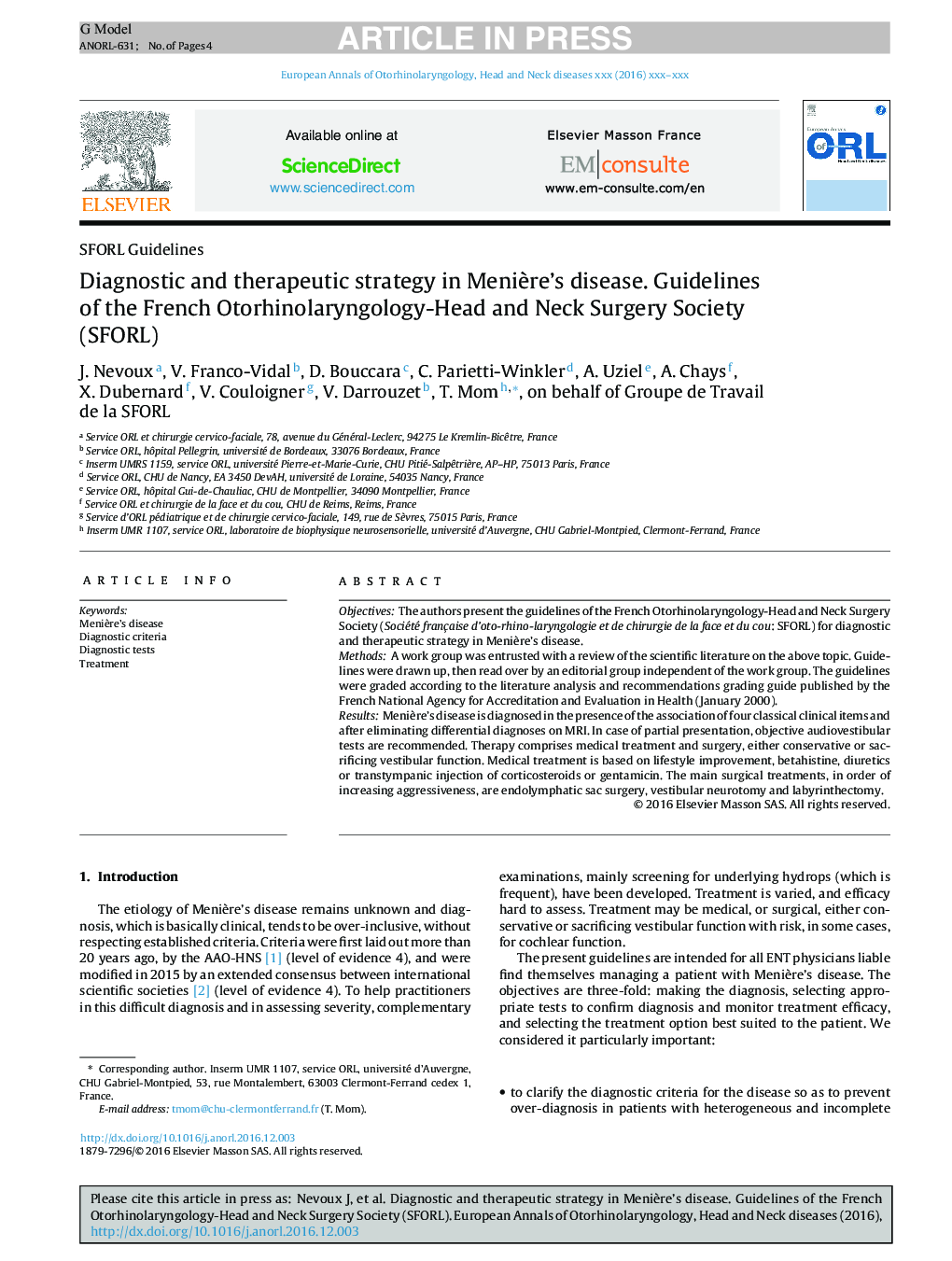 Diagnostic and therapeutic strategy in MeniÃ¨re's disease. Guidelines of the French Otorhinolaryngology-Head and Neck Surgery Society (SFORL)