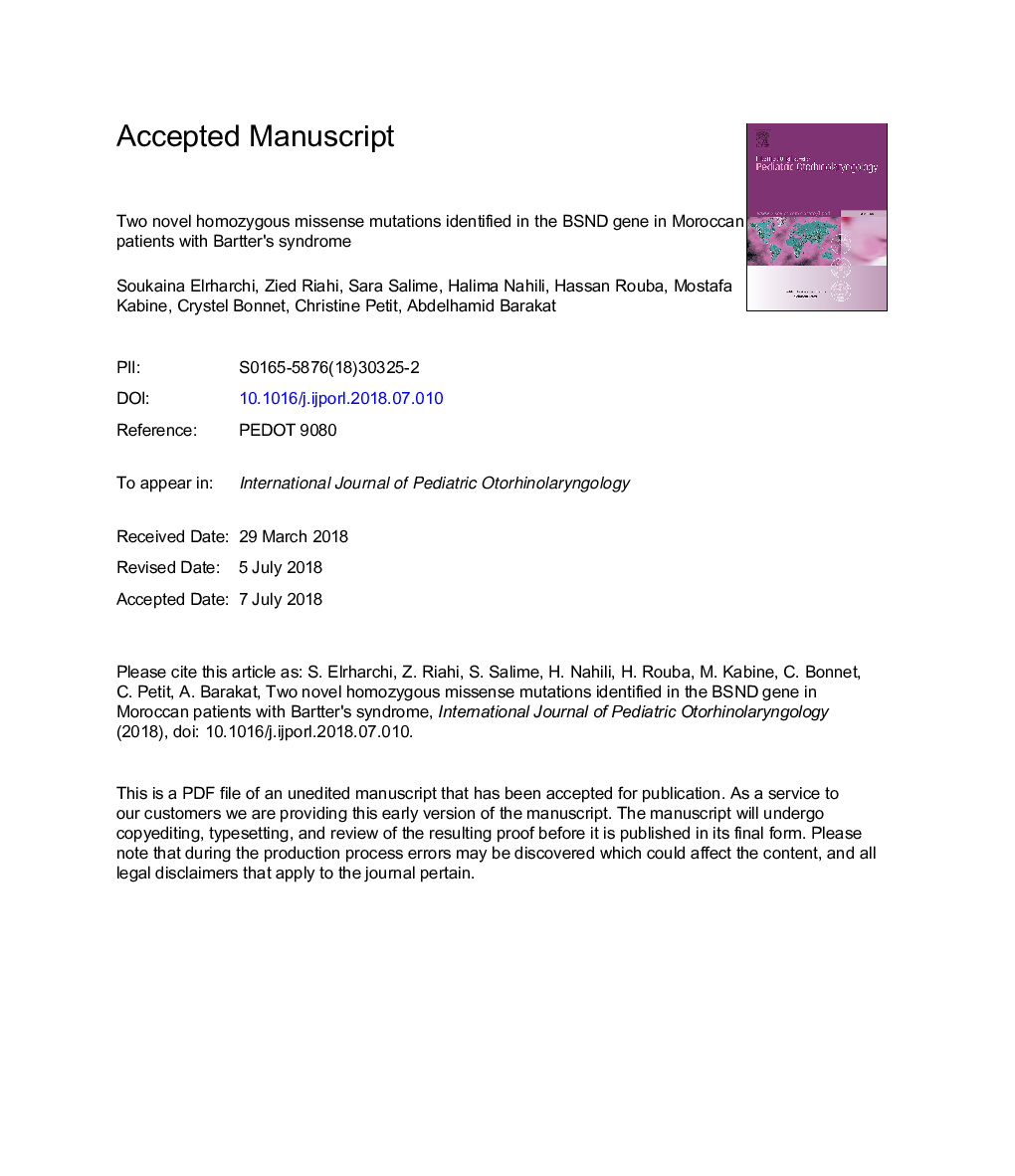 Two novel homozygous missense mutations identified in the BSND gene in Moroccan patients with Bartter's syndrome