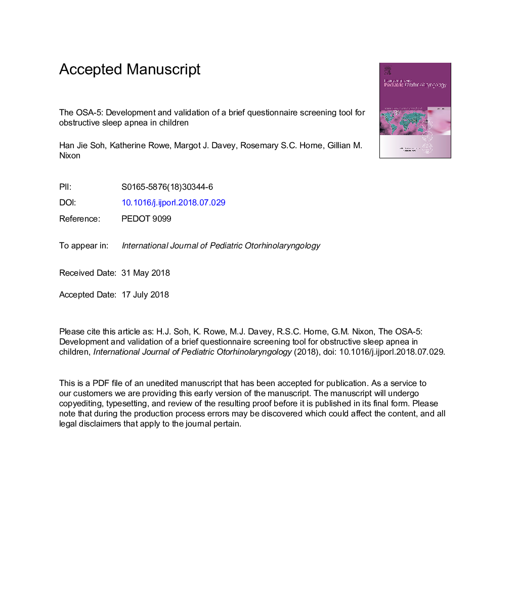 The OSA-5: Development and validation of a brief questionnaire screening tool for obstructive sleep apnea in children