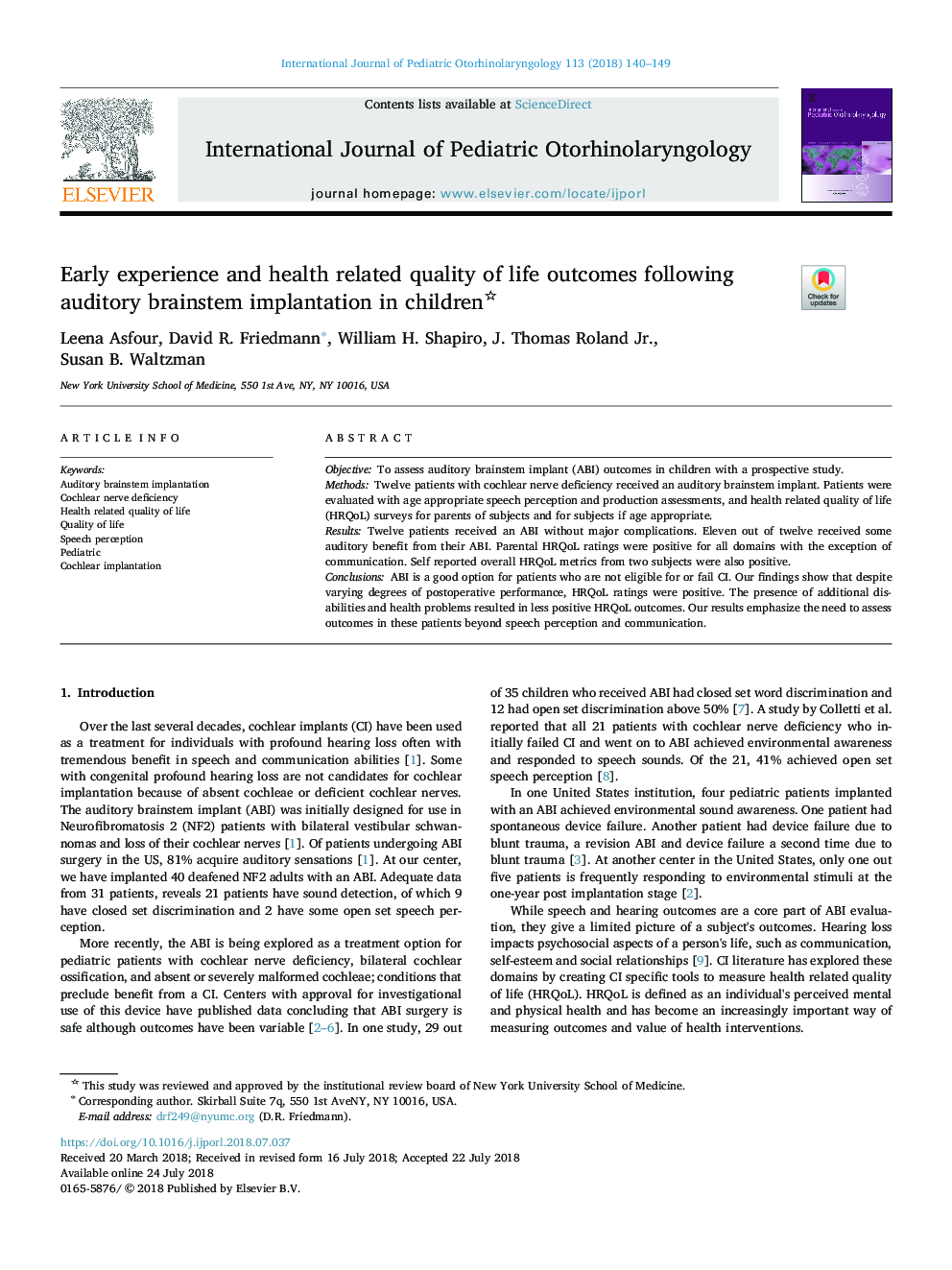 Early experience and health related quality of life outcomes following auditory brainstem implantation in children