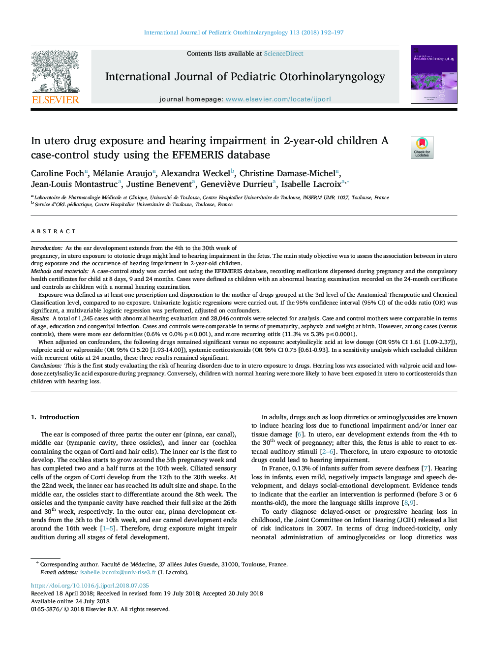 In utero drug exposure and hearing impairment in 2-year-old children A case-control study using the EFEMERIS database