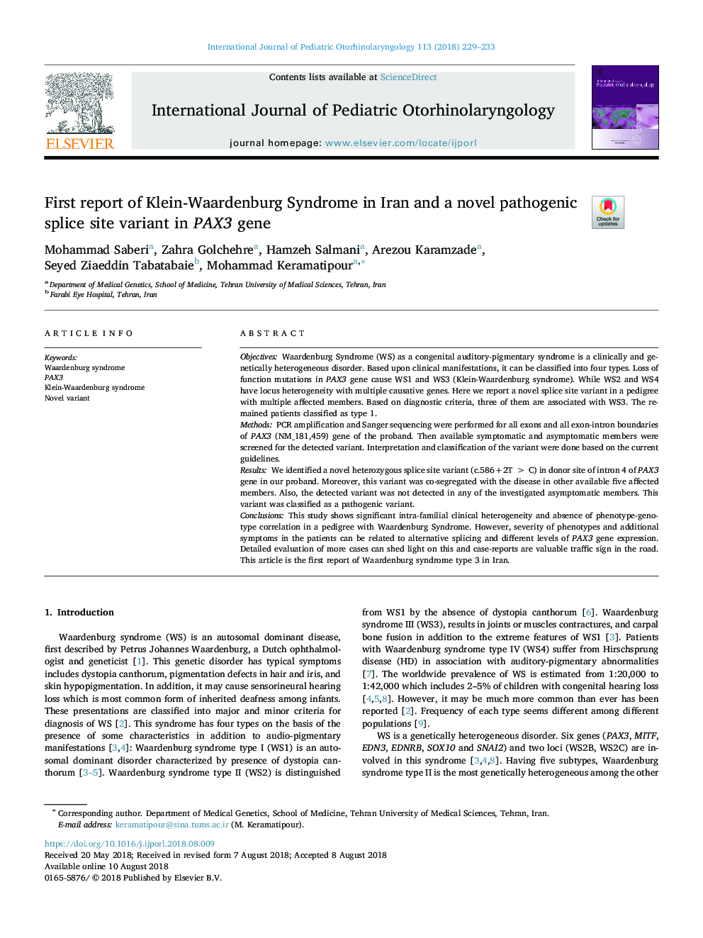 First report of Klein-Waardenburg Syndrome in Iran and a novel pathogenic splice site variant in PAX3 gene