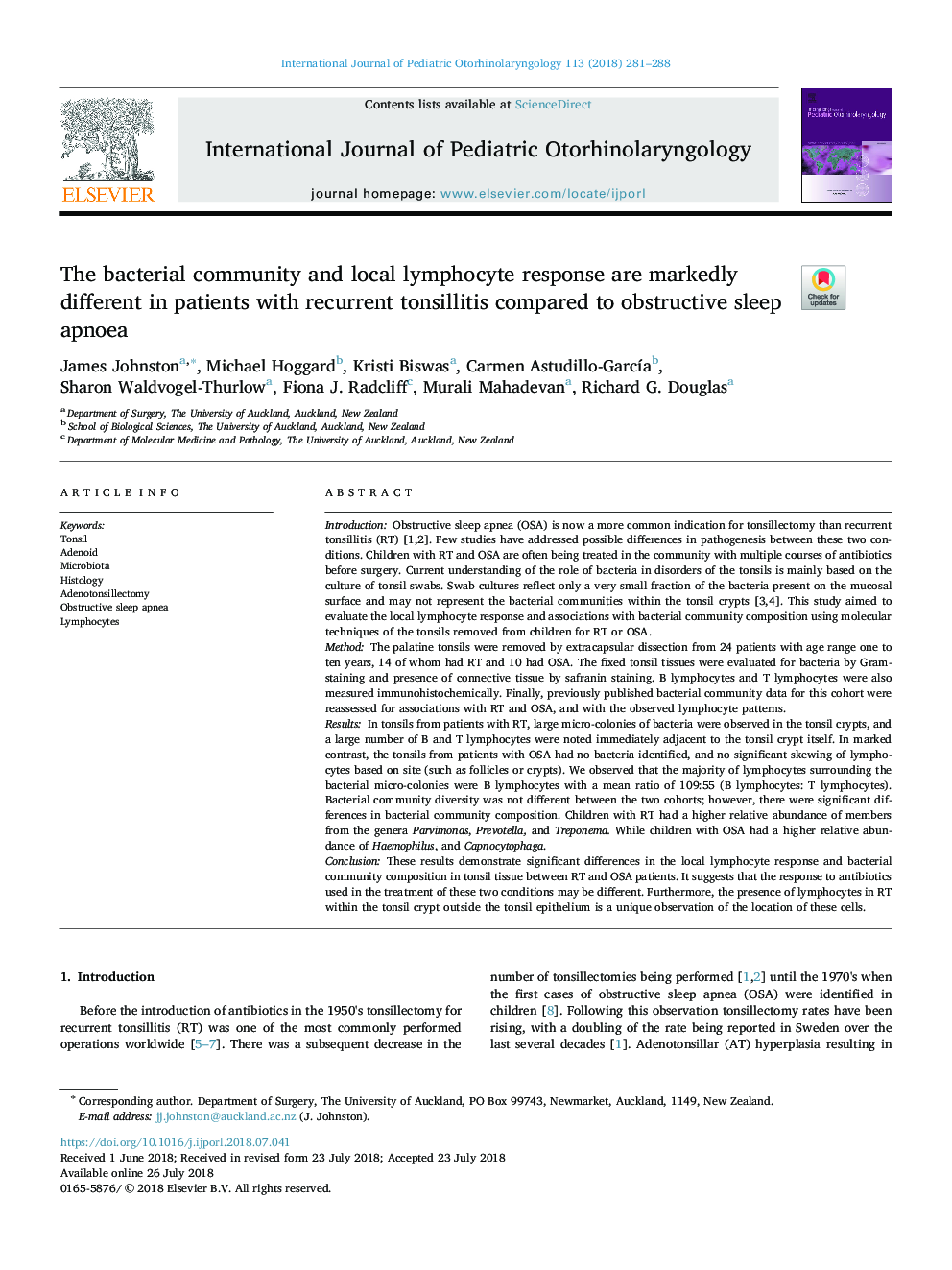 The bacterial community and local lymphocyte response are markedly different in patients with recurrent tonsillitis compared to obstructive sleep apnoea