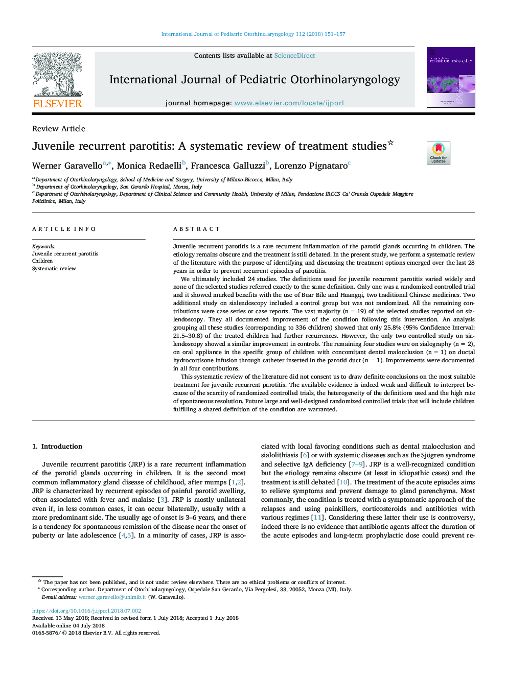 Juvenile recurrent parotitis: A systematic review of treatment studies